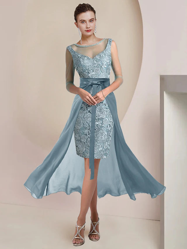 Luolandi Two Piece Sheath / Column Mother of the Bride Dress Formal Wedding Guest Vintage Elegant Jewel Neck Tea Length Knee Length Chiffon Lace 3/4 Length Sleeve with Beading